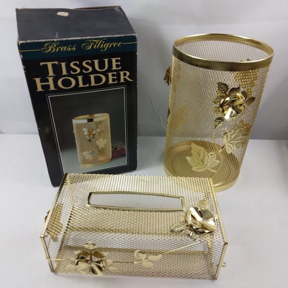 Other - Brass Filigree Tissue Box Holder Cover Roses Garbage Can Vintage MCM